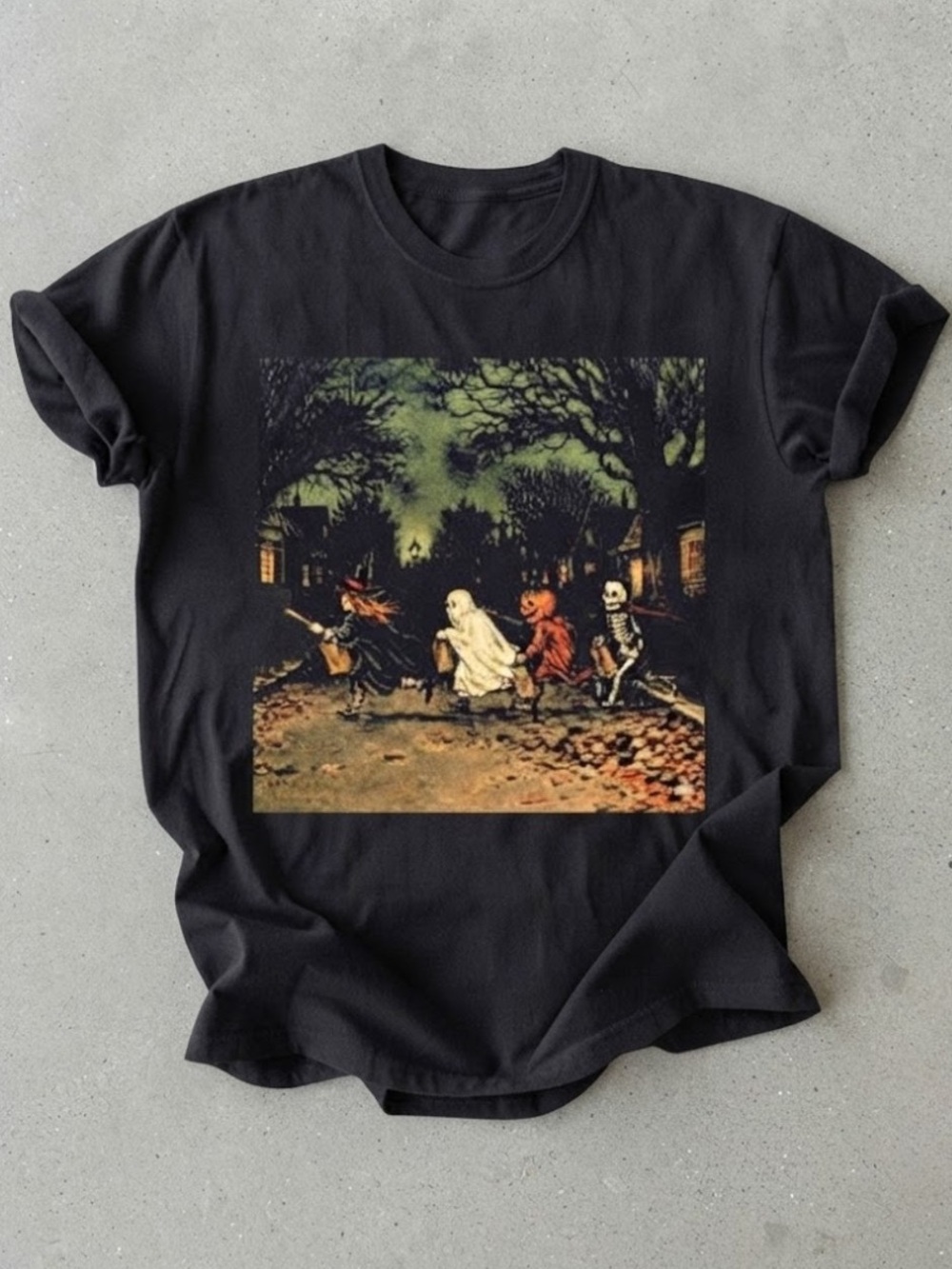 Witch Ghost Pumpkin Skeleton Spooky Fall Black Gildan T-Shirt